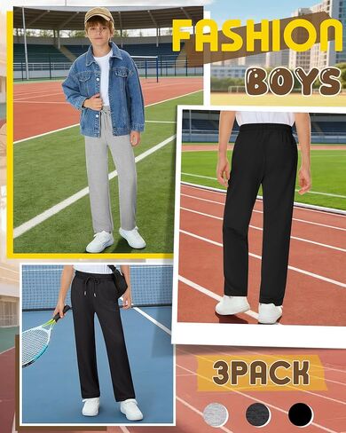 3 Pack Boys Baggy Sweatpants Casual Pants 5-14 Years Straight Leg Open Bottom Athletic Kids Joggers with Pockets in Saudi Arabia