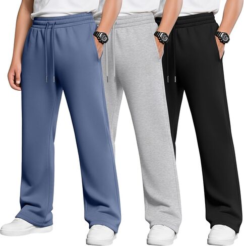3 Pack Boys Baggy Sweatpants Casual Pants 5-14 Years Straight Leg Open Bottom Athletic Kids Joggers with Pockets in Saudi Arabia