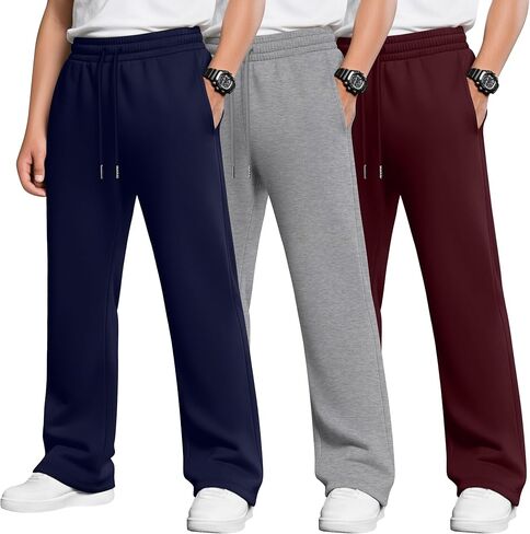3 Pack Boys Baggy Sweatpants Casual Pants 5-14 Years Straight Leg Open Bottom Athletic Kids Joggers with Pockets in Saudi Arabia