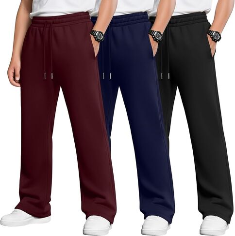 3 Pack Boys Baggy Sweatpants Casual Pants 5-14 Years Straight Leg Open Bottom Athletic Kids Joggers with Pockets in Saudi Arabia