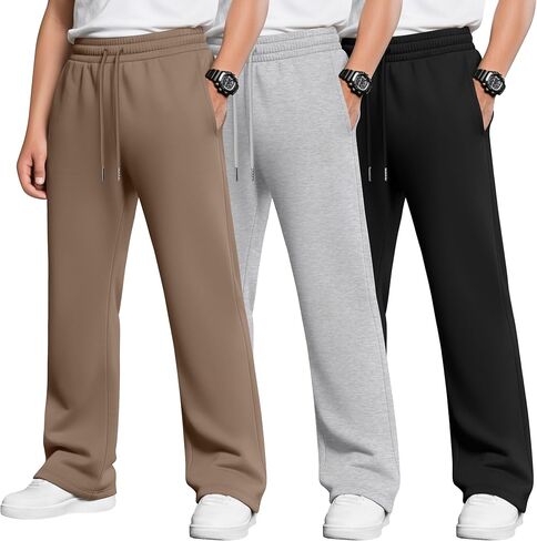 3 Pack Boys Baggy Sweatpants Casual Pants 5-14 Years Straight Leg Open Bottom Athletic Kids Joggers with Pockets in Saudi Arabia