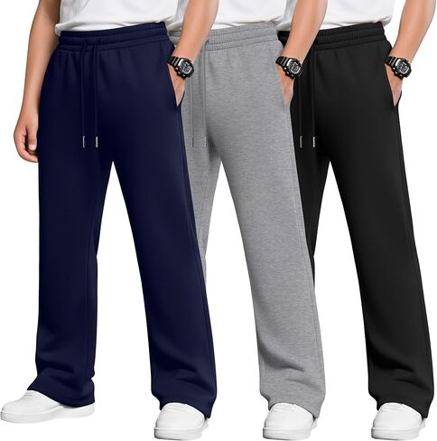 3 Pack Boys Baggy Sweatpants Casual Pants 5-14 Years Straight Leg Open Bottom Athletic Kids Joggers with Pockets in Saudi Arabia