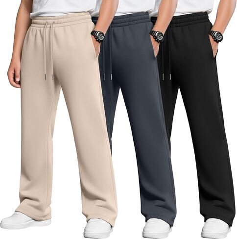 3 Pack Boys Baggy Sweatpants Casual Pants 5-14 Years Straight Leg Open Bottom Athletic Kids Joggers with Pockets in Saudi Arabia