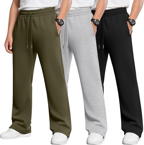 3 Pack Boys Baggy Sweatpants Casual Pants 5-14 Years Straight Leg Open Bottom Athletic Kids Joggers with Pockets in Saudi Arabia