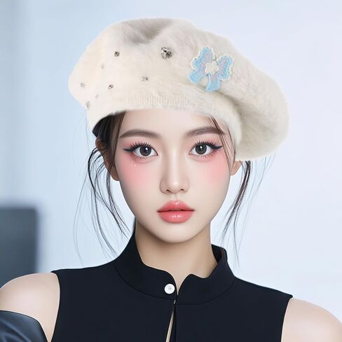 ARTIBETTER Cute White Plush Beret Hat Bow Faux Rabbit Fur Warm Artist Beret for Women Size M 56-58cm in Saudi Arabia