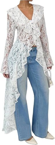 WDIRARA Women's Floral Lace Tie Front Blouse Long Bell Sleeve V Neck Ruffle Tops High Low Shirts in Saudi Arabia
