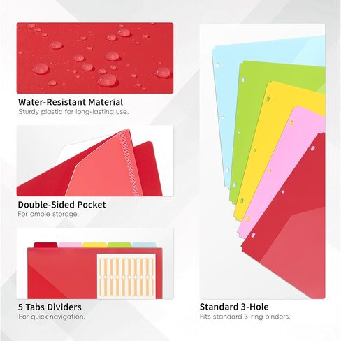 مقاطع موثق جيب Ospelelf مع علامات تبويب لثلاثة رنين الموثق ، 1/3 علامات تبويب ، 5 مجلدات ملفات بلاستيكية مع حجم خطاب الجيوب 8.5 × 11 ، متعدد الألوان ، متعدد الألوان in Kuwait