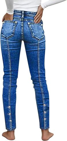 Flamingals Mid Waist Skinny Jeans for Women Butt Lifting Slim Fit Button Side Stitch Detail Trendy Denim Jeans in Saudi Arabia