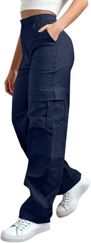 سروال البضائع النسائية مرونة الخصر واسعة الساق المشي لمسافات طويلة السراويل في الهواء الطلق عالية الخصر تجريب بنطلون مع جيوب متعددة in Kuwait