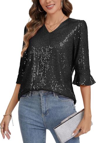 Women Sparkly Sequin Tops V Neck Ruffle 3/4 Sleeve Glitter Blouse Party Cocktail Disco Top Shimmer Shirt in Saudi Arabia