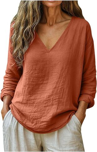 Linen Shirts for Women Spring Trendy Long Sleeve V Neck Loose Dressy Blouses Cotton Summer Beach Boho Casual Outfits in Kuwait