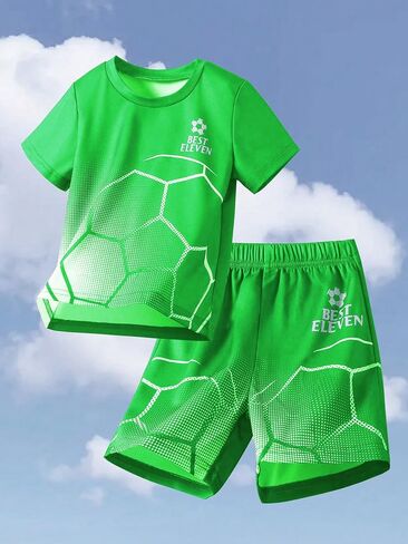 Green Soccer Outfit for Team Sports, Short Sleeve T-Shirt and Shorts Set for Sports Training and Casual Wear in Saudi Arabia