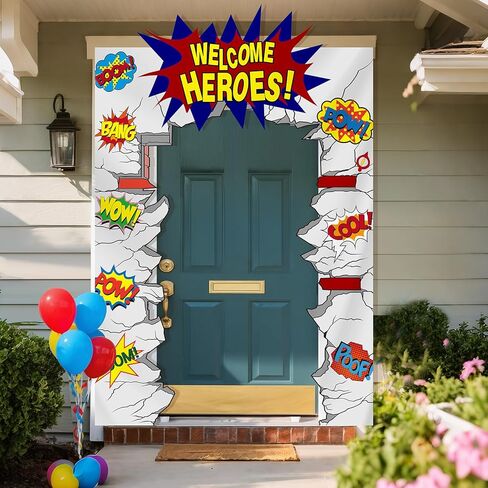 Preboun Hero Party Decorations Banner مرحبًا بكم عيد ميلاد البطل زخرفة الشرفة الشرفة متعة الهالوين معلقة لافتة خلفية لشرفة جدار الباب. in Kuwait