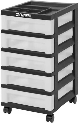 5-Drawer Plastic Storage Cabinet with Storage Compartments on the Top and Wheels for Easy Mobility. Suitable for Offices, Homes, Bathrooms and Workshops. (Black) in Saudi Arabia