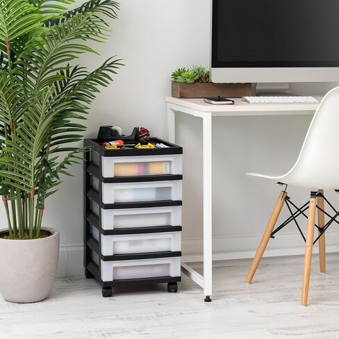 5-Drawer Plastic Storage Cabinet with Storage Compartments on the Top and Wheels for Easy Mobility. Suitable for Offices, Homes, Bathrooms and Workshops. (Black) in Saudi Arabia