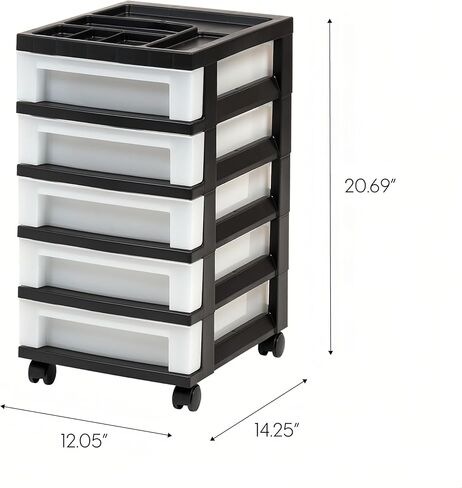 5-Drawer Plastic Storage Cabinet with Storage Compartments on the Top and Wheels for Easy Mobility. Suitable for Offices, Homes, Bathrooms and Workshops. (Black) in Saudi Arabia