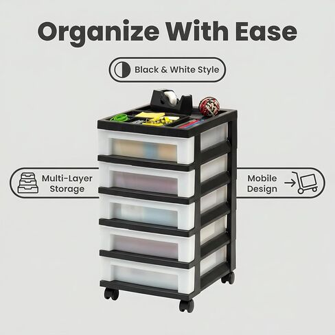 5-Drawer Plastic Storage Cabinet with Storage Compartments on the Top and Wheels for Easy Mobility. Suitable for Offices, Homes, Bathrooms and Workshops. (Black) in Saudi Arabia