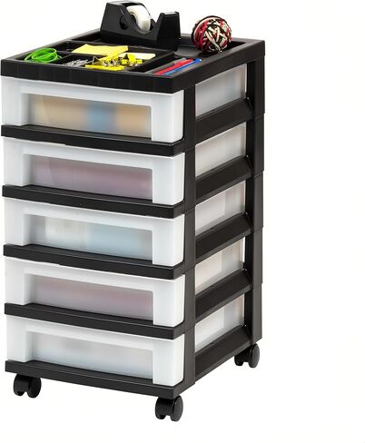 5-Drawer Plastic Storage Cabinet with Storage Compartments on the Top and Wheels for Easy Mobility. Suitable for Offices, Homes, Bathrooms and Workshops. (Black) in Saudi Arabia
