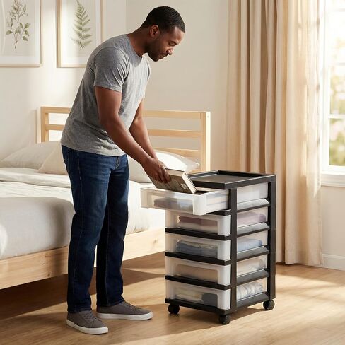 5-Drawer Plastic Storage Cabinet with Storage Compartments on the Top and Wheels for Easy Mobility. Suitable for Offices, Homes, Bathrooms and Workshops. (Black) in Saudi Arabia