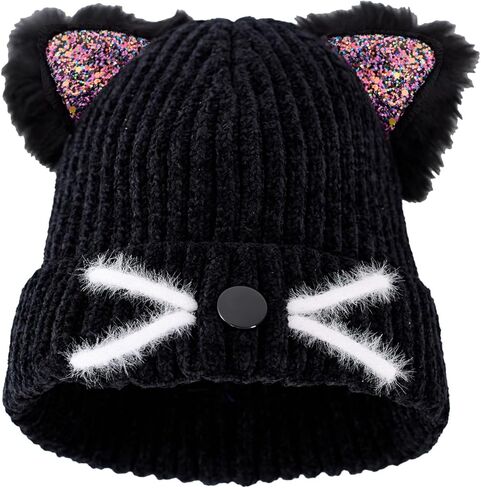 Girls Sequin Cat Ears Hats Cute Winter Knitted Beanie with Cat Ears for Boys Girls Ages 7-15 in Saudi Arabia