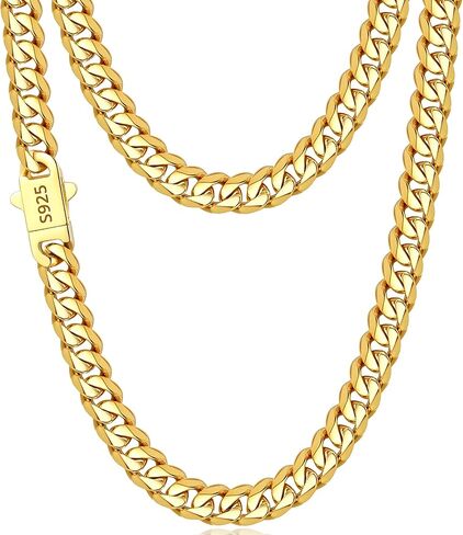 Italian 7mm Real 925 Sterling Silver Miami Cuban Link Chain Necklace for Men Boys, 18K Gold /925 Sterling Silver Chain Necklace for Men - Jewelry Gifts for Man 18 20 22 24 26 Inch in Saudi Arabia