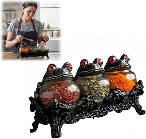 2026 New Handcrafted Witchy Frog Apothecary Spice Jars - 3 Piece Set with Frog Lids, Vintage Unique Witchcore Kitchen Décor for Salt, Pepper, Herbs & Tea Leaves in Saudi Arabia