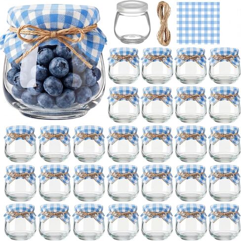 LemonRoad 30 Pack Mini Yogurt Jars 3.4 oz Glass Bottles with Plastic Lids for Jam, Honey, Wedding Favors, Shower Favors, Birthday Party Decor Mason Jar with Checkered Cloth and Rope(Red,White) in Kuwait