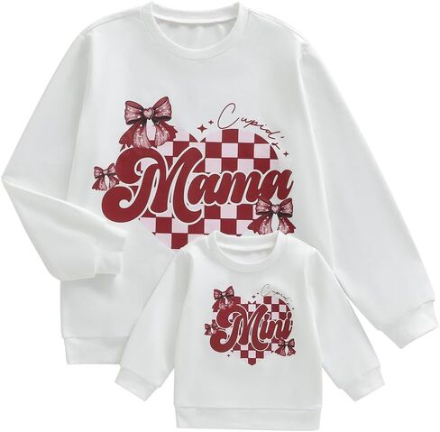 Canis Family مطابقة الأم وأنا عيد الحب البلوز كيوبيد ماما صغير الحب القلب Coquette القوس Crewneck البلوز العلوي in Saudi Arabia