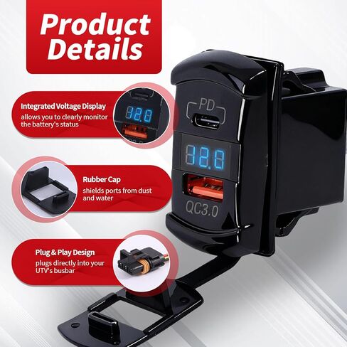 UTV Plug & Play 3.0 منفذ USB مزدوج ومنفذ Type-C مع موصل الفولتميتر بسبار الروك التبديل شاحن سريع متوافق مع Polaris Ranger RZR General Pulse Bus Bar in Saudi Arabia
