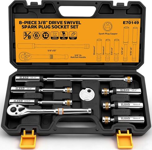 ELEAD 8-Piece 3/8" Drive Spark Plug Socket Set with Universal Joint, Spark Plug Gapper and 6" Extension Bar, SAE & Metric, 5/8", 3/4", 13/16", 14mm, 18mm, CR-V Sockets with Rubber Holding Rings in Saudi Arabia