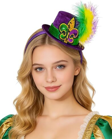 QLINLEAF Mardi Gras Mini Top Hat Headband Purple Mardi Gras Hats Fleur De Lis with Feather for Women Halloween Cosplay Costume Party in Saudi Arabia