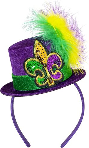QLINLEAF Mardi Gras Mini Top Hat Headband Purple Mardi Gras Hats Fleur De Lis with Feather for Women Halloween Cosplay Costume Party in Saudi Arabia