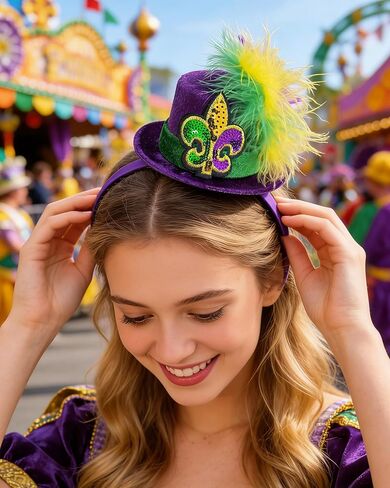 QLINLEAF Mardi Gras Mini Top Hat Headband Purple Mardi Gras Hats Fleur De Lis with Feather for Women Halloween Cosplay Costume Party in Saudi Arabia