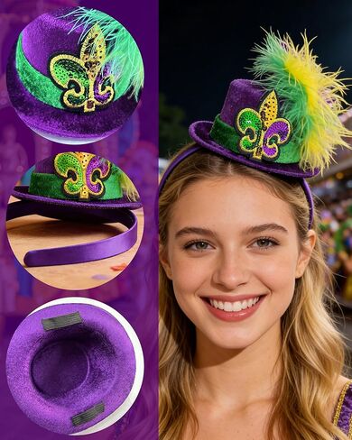 QLINLEAF Mardi Gras Mini Top Hat Headband Purple Mardi Gras Hats Fleur De Lis with Feather for Women Halloween Cosplay Costume Party in Saudi Arabia