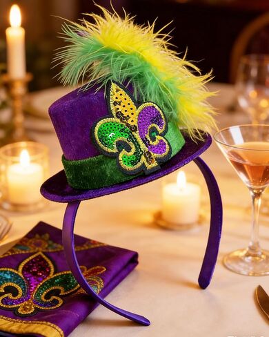 QLINLEAF Mardi Gras Mini Top Hat Headband Purple Mardi Gras Hats Fleur De Lis with Feather for Women Halloween Cosplay Costume Party in Saudi Arabia