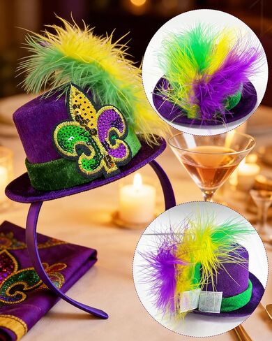 QLINLEAF Mardi Gras Mini Top Hat Headband Purple Mardi Gras Hats Fleur De Lis with Feather for Women Halloween Cosplay Costume Party in Saudi Arabia