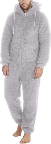 Mens Onesie Pajamas Adult Winter Warm Flannel Fleece Soft Fuzzy Hooded Zipper Up One Piece Pjs Set Plush Sleepwear in Saudi Arabia