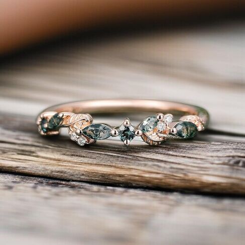 Moss Agate wedding Stacking Band 14K Rose Gold Plated Half Eternity Tiny Dainty Ring Natural Gemstone Ring Delicate Moss Agate Promise Ring For Her in Saudi Arabia