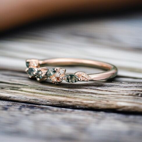 Moss Agate wedding Stacking Band 14K Rose Gold Plated Half Eternity Tiny Dainty Ring Natural Gemstone Ring Delicate Moss Agate Promise Ring For Her in Saudi Arabia