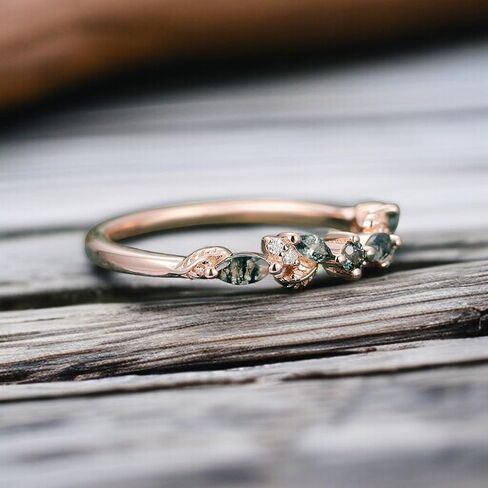 Moss Agate wedding Stacking Band 14K Rose Gold Plated Half Eternity Tiny Dainty Ring Natural Gemstone Ring Delicate Moss Agate Promise Ring For Her in Saudi Arabia