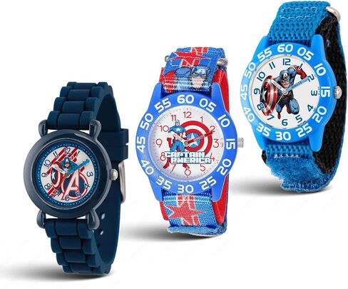 Marvel Captain America 3-Pack Watch Set for Kids Ages 4–7 – Featuring Shield, Action Pose and Star Dial Designs – Red, Blue and Black Bezels with Matching Nylon Straps – GET 2 Mystery Bonus Watches in Kuwait