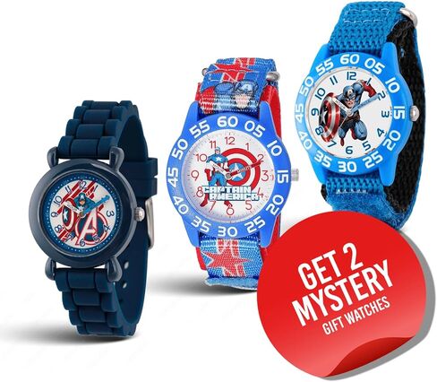 Marvel Captain America 3-Pack Watch Set for Kids Ages 4–7 – Featuring Shield, Action Pose and Star Dial Designs – Red, Blue and Black Bezels with Matching Nylon Straps – GET 2 Mystery Bonus Watches in Kuwait