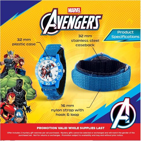 Marvel Captain America 3-Pack Watch Set for Kids Ages 4–7 – Featuring Shield, Action Pose and Star Dial Designs – Red, Blue and Black Bezels with Matching Nylon Straps – GET 2 Mystery Bonus Watches in Kuwait