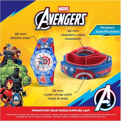 Marvel Captain America 3-Pack Watch Set for Kids Ages 4–7 – Featuring Shield, Action Pose and Star Dial Designs – Red, Blue and Black Bezels with Matching Nylon Straps – GET 2 Mystery Bonus Watches in Kuwait