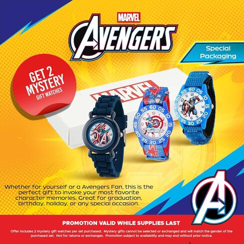 Marvel Captain America 3-Pack Watch Set for Kids Ages 4–7 – Featuring Shield, Action Pose and Star Dial Designs – Red, Blue and Black Bezels with Matching Nylon Straps – GET 2 Mystery Bonus Watches in Kuwait