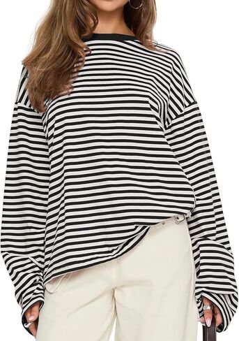 CHYRII Women Oversized Striped Long Sleeve T Shirt Fashion 2026 Crewneck Casual Fall Spring Tops Y2K Clothes in Saudi Arabia