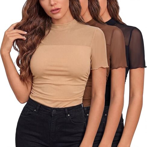 Capoda Womens Sexy Mesh Sheer Top Short Sleeve Mock Turtleneck Tops Ruched Going Out Summer Shirts See Through Slim Blouse in Saudi Arabia
