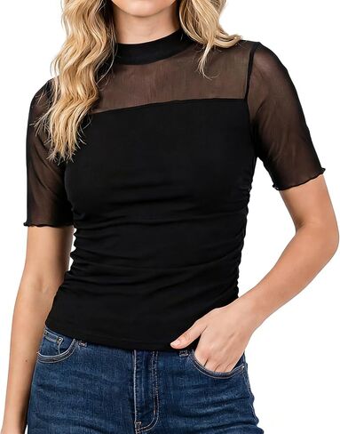 Capoda Womens Sexy Mesh Sheer Top Short Sleeve Mock Turtleneck Tops Ruched Going Out Summer Shirts See Through Slim Blouse in Saudi Arabia