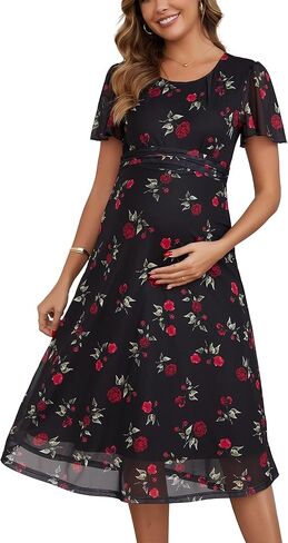 فستان أمومة متدفق منقوش عليه زهور ميدي استحمام الطفل التقطت الصور فستان حمل رسمي غير رسمي لصيف 2026 in Kuwait