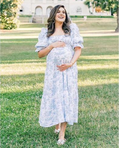 Cichic Ruffle Ruched High Waist Puff Sleeve Cute Photoshoot Maternity Maxi Dress in Saudi Arabia
